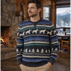 Chaps Mens Fair Isle Dog Pine Tree Sweater Grey Blue Cotton Blend Small Preppy